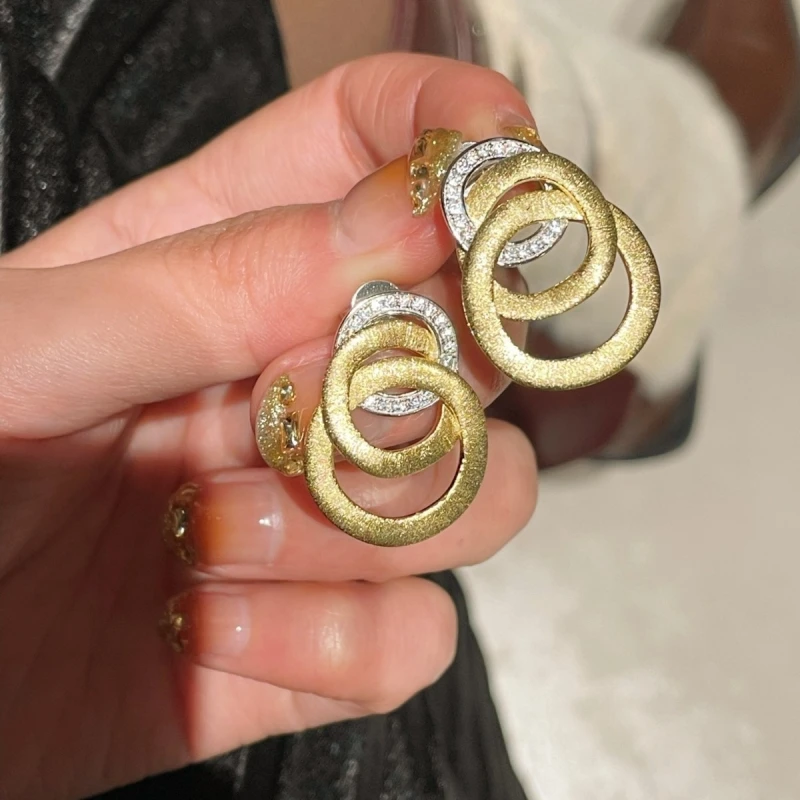BELLUX 925 Silver Gold-plated Earrings European and American Style Temperament Multi-layer Circle Wire Drawing Craft Earrings