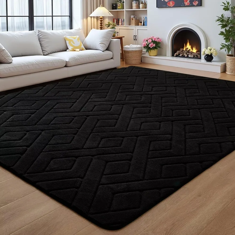 

6x9 Black Washable Area Rug for Bedroom Living Room, Modern Geometric Shag Non-Slip Rugs, Fluffy Plush Soft Memory Foam Carpet f