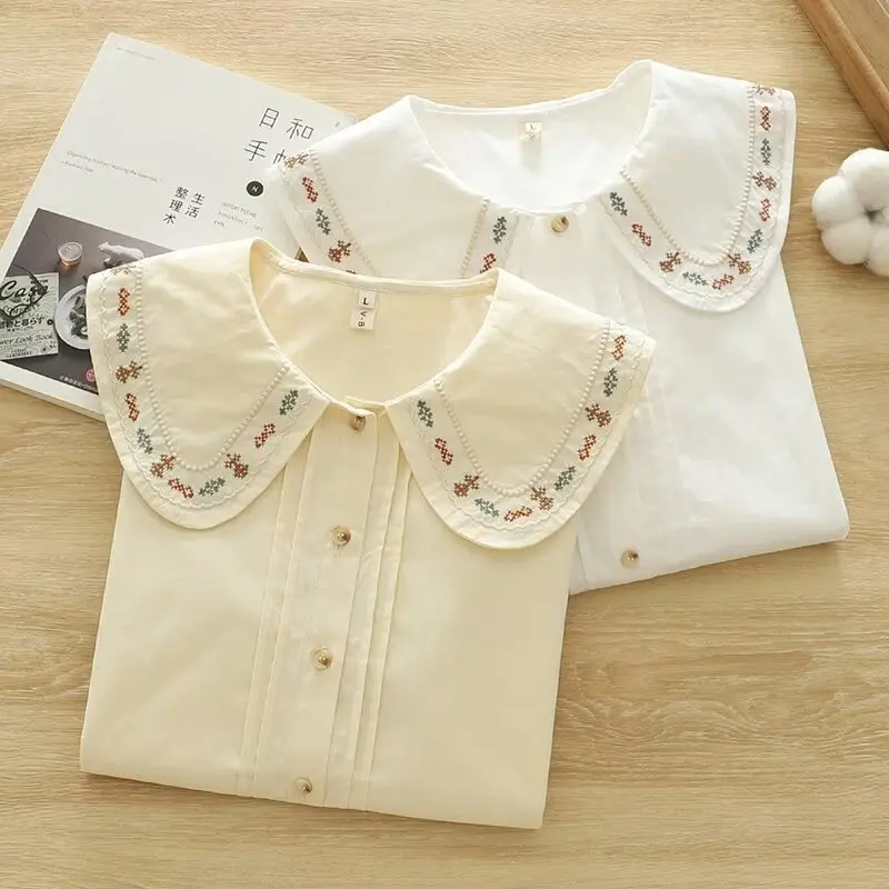 New Spring Cotton Casual Shirt Women Embroidery Loose Blouses Mori Girl Short Sleeve Peter Pan Collar Top 2024 Summer T45538QM