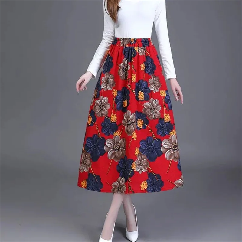 Large Size Retro Linen Long Skirt Women Summer High Waist A-line Skirts Korean Loose Flower Print Cotton Linen Dance Skirts 4XL