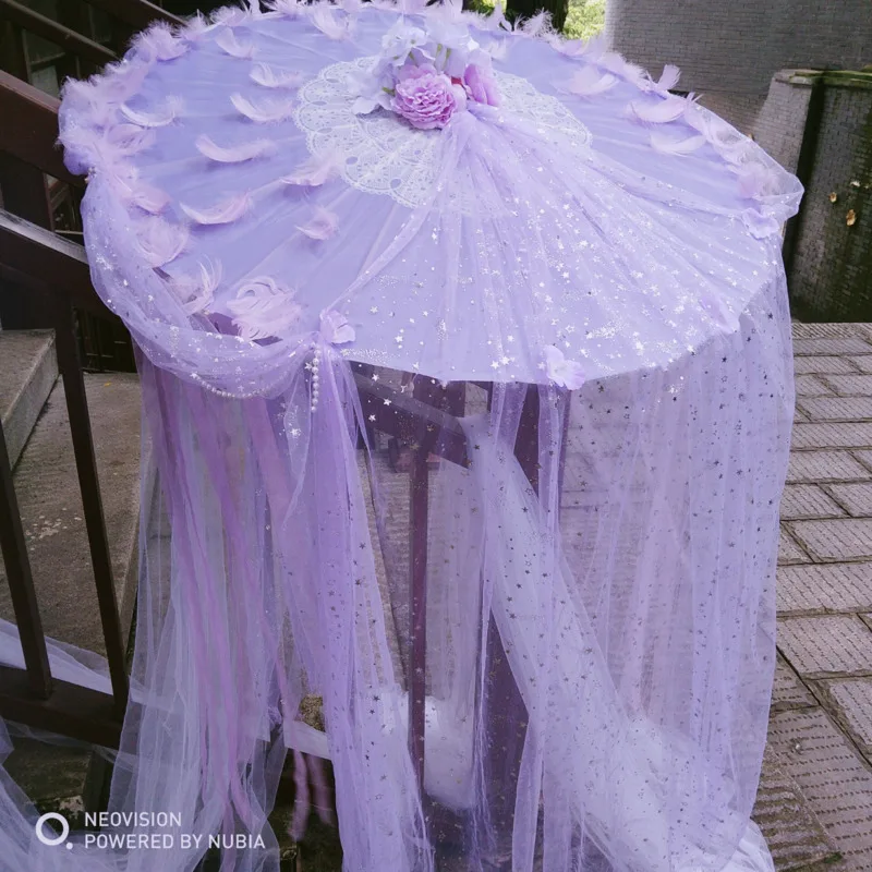 Wedding Bead Feather Ribbon Cos Hanfu Lolita Tea Party Costume Dance Show Photography Props Craft Umbrella Rain Women Parasol