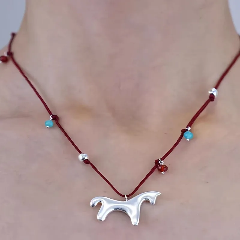 Minar Funny Smooth Surface Matte Color Cartoon Horse Candy Color Beads Pendant Necklaces for Women Adjustable Rope Sweater Chain