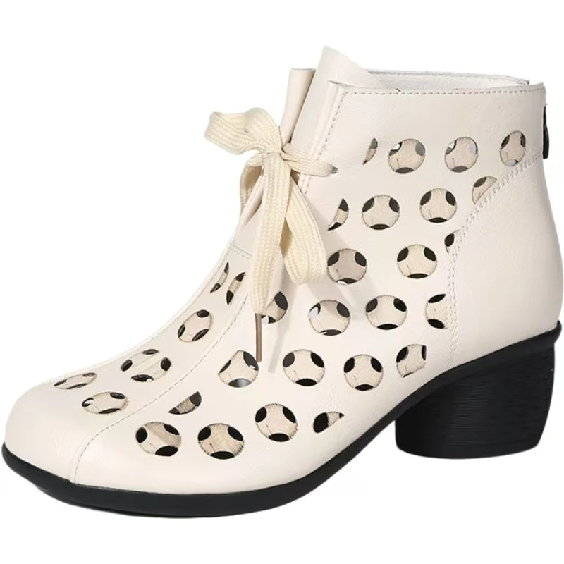 

Женские кожаные крутые ботинки на блочном каблуке, весна-лето, новые ботильоны с круглым носком на мягкой подошве, дышащие ботильоны в форме пещеры на молнии