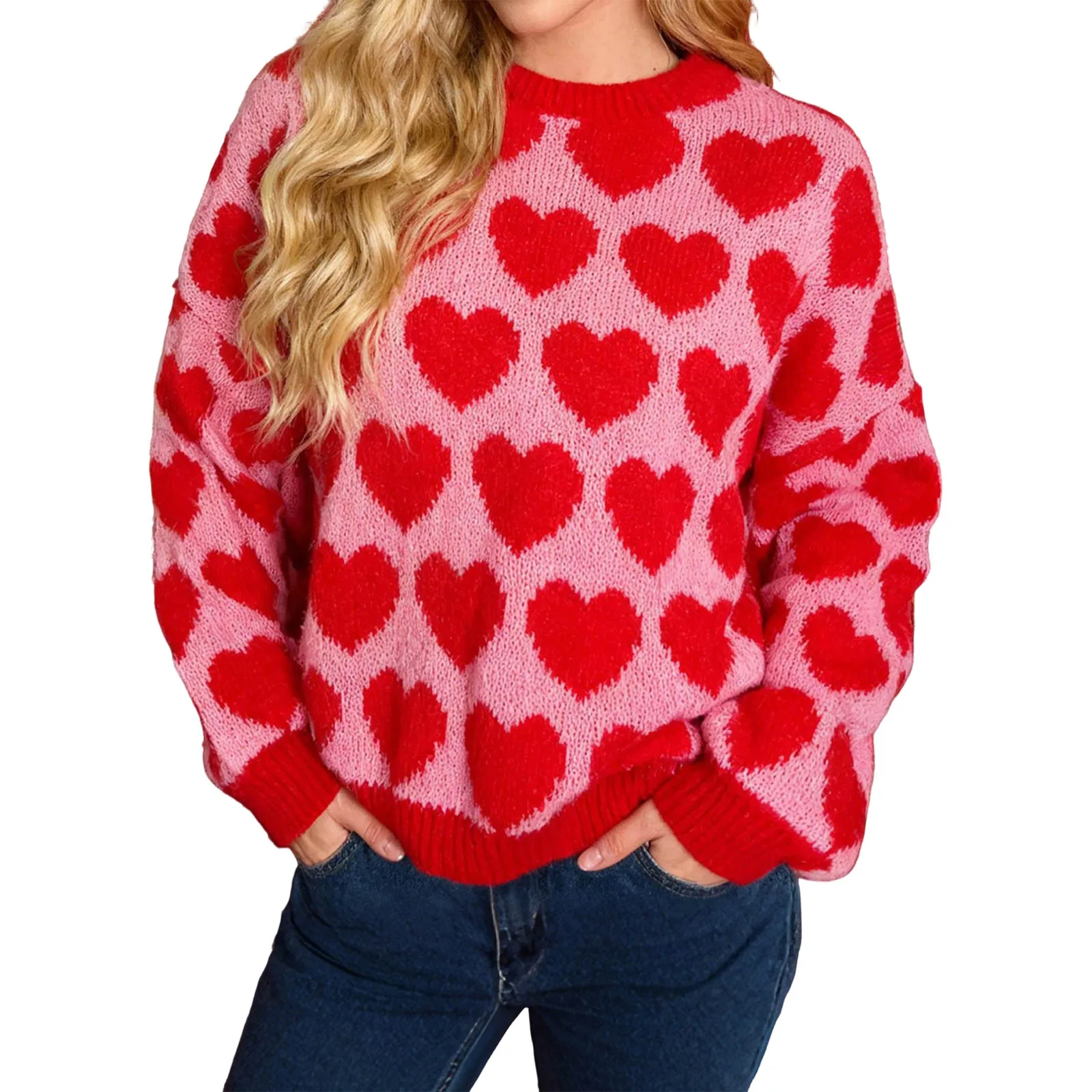 Damski sweter z dzianiny, modny wzór serca, długi rękaw, okrągły dekolt, sweter na jesień i zimę, do noszenia na co dzień i do biura.
