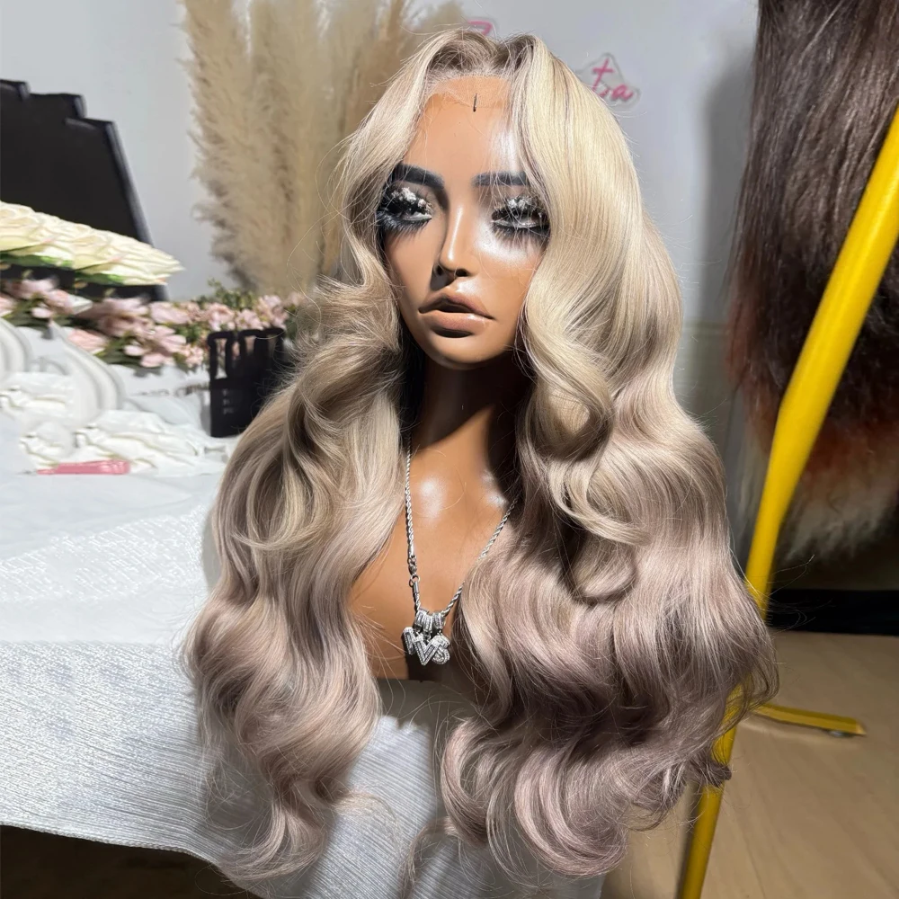 Synthetic Lace Front Wig Mixed Blonde Wig 26 Inches Long Body Wave Lace Wig Pre Plucked Hairline Wigs for Women Daily Part Use