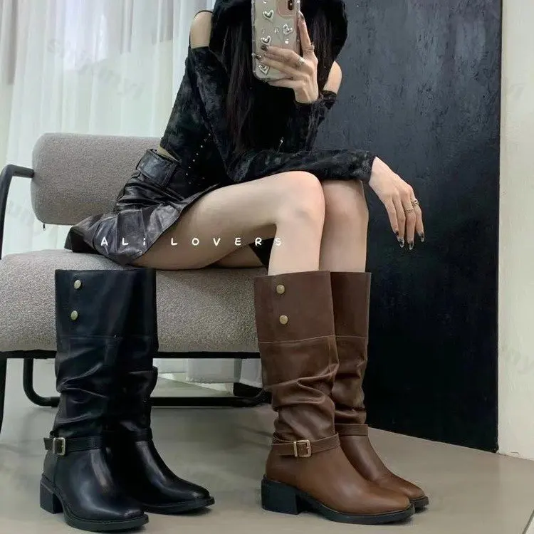 Shoes for Women Autumn Fahsion Buckle Knee High Boots Retro Tall Boots Woman Pleated Low Heel Casual Leather Female Long Boots