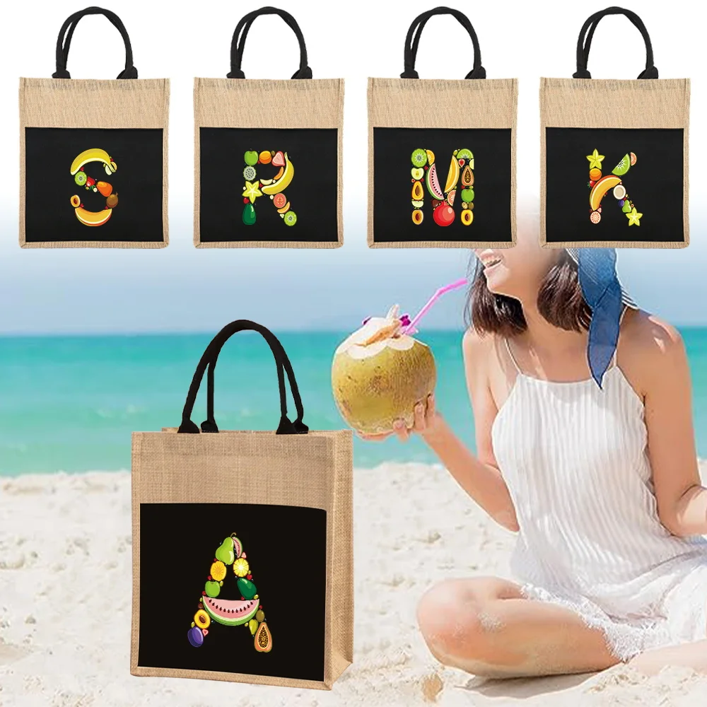 Sac à main en coton et lin avec poignée supérieure, sac cadeau en lin, pochette réutilisable pour courses, sacs portables d'été pour la plage, série Fruits