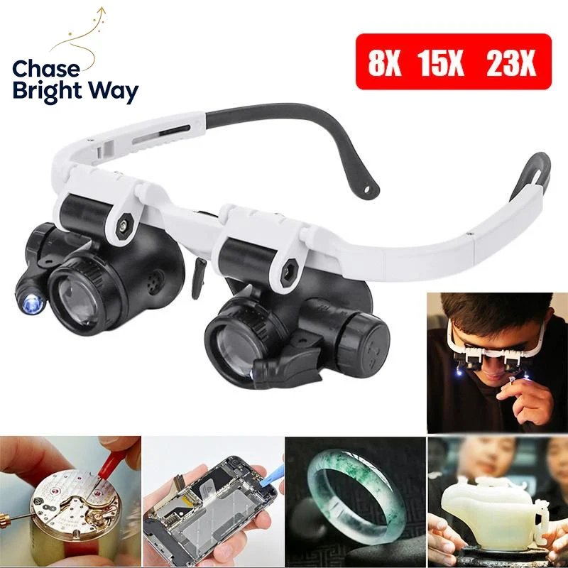 Magnifying Glass 8X 15X 23X Jeweler Watchmaker LED Light Headband Magnifier Glasses Reading Loupes No Strain Clear View