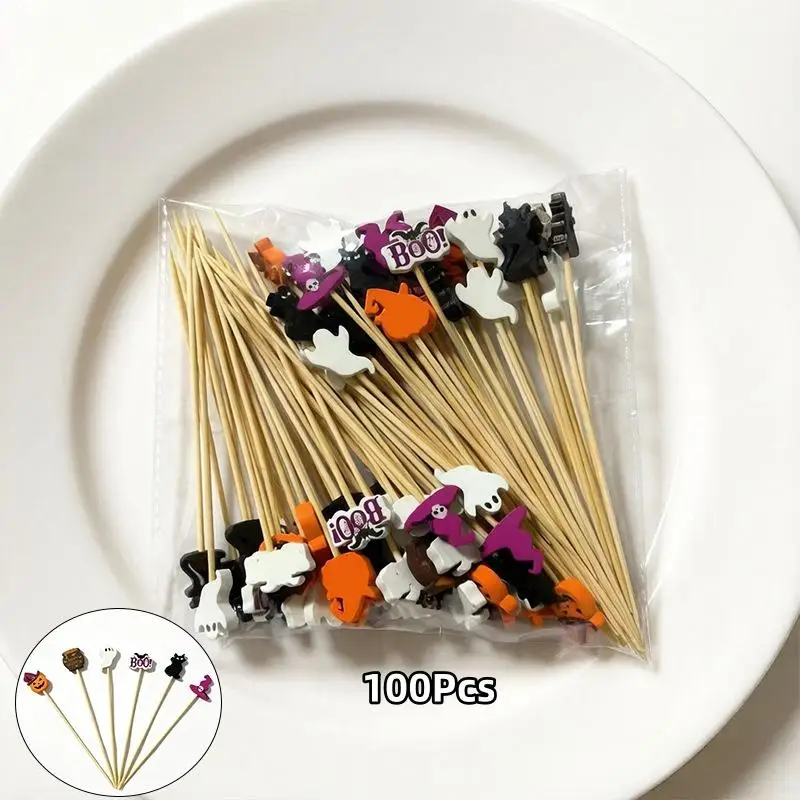 100Pcs Halloween Party Toothpicks Disposable Bamboo Skewers Pumpkin Ghost Fruit Fork Cake Dessert Cocktail Stick Decorations - view 4