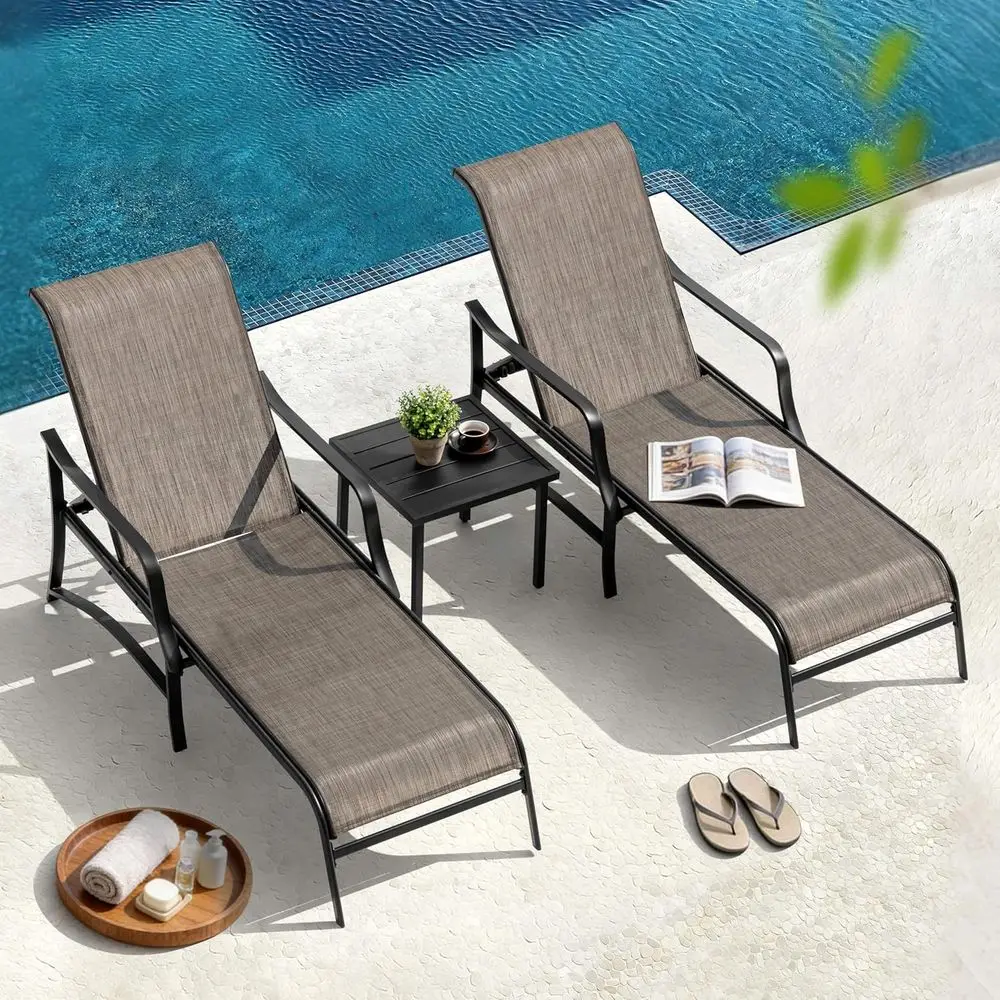 

3-Piece Outdoor Patio Chaise Lounge Set with Adjustable Backrest, Chairs, and Side Table in Black & Brown