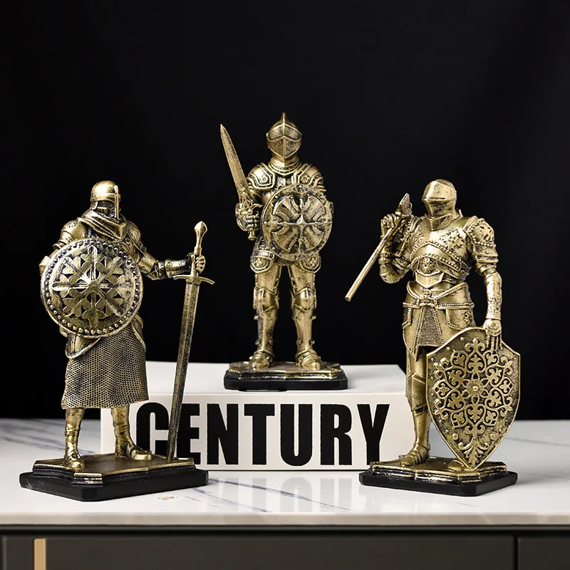 Retro Knight Statue Craft Creative Armored Warrior Horse Figurine Office Desk and Living Room Shelf Decorative Ornament