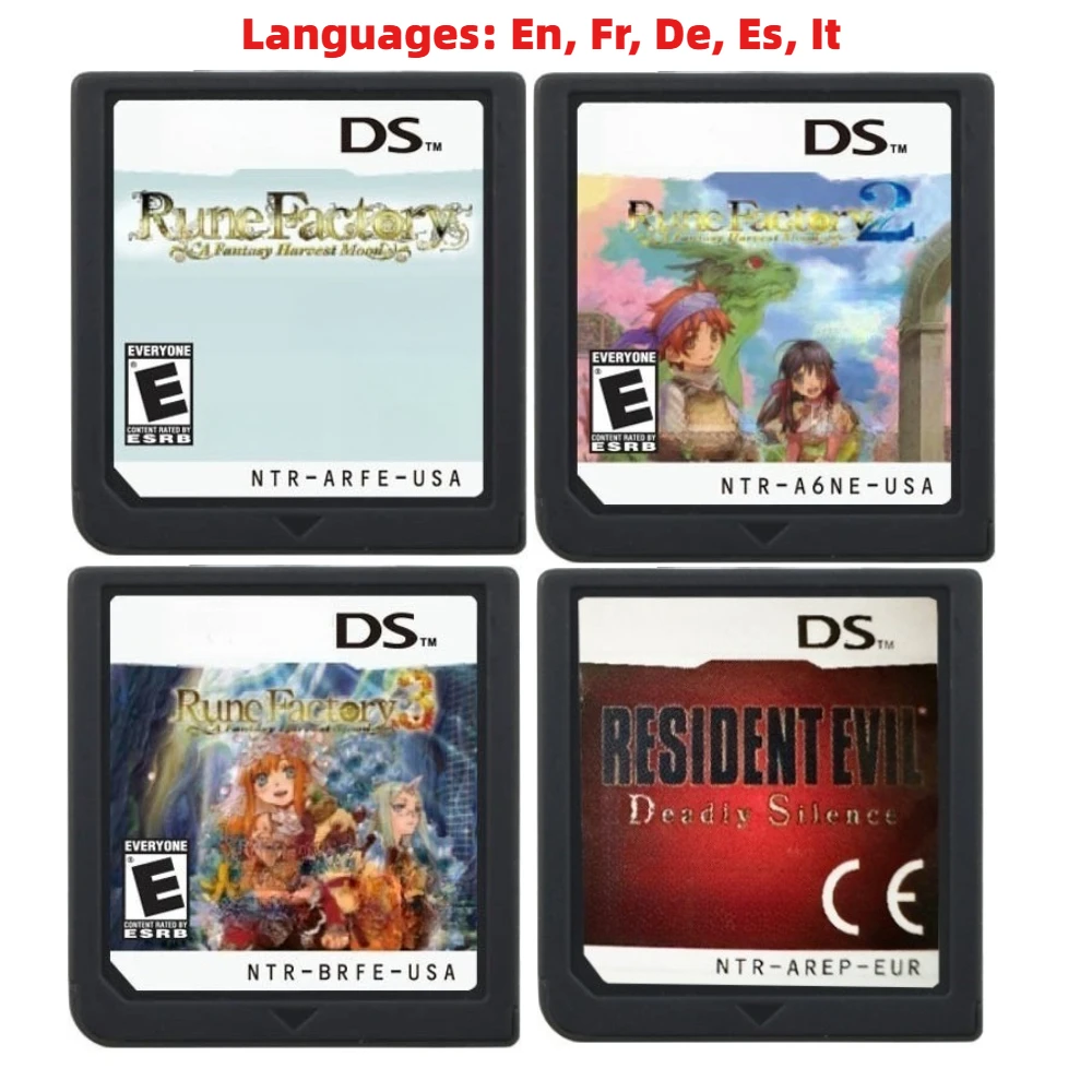 Cartucho de juego NDS, Rune Factory A Fantasy Harvest Moon, Cartucho de juego Deadly Silence, Idiomas: En, Fr, De, Es, It