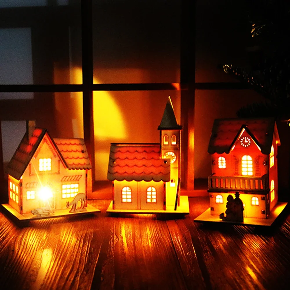 Christmas LED Light Wooden House Luminous Cabin Xmas Tree DIY Ornaments Kids Gifts Xmas New Year Party Home Decoration Supplies