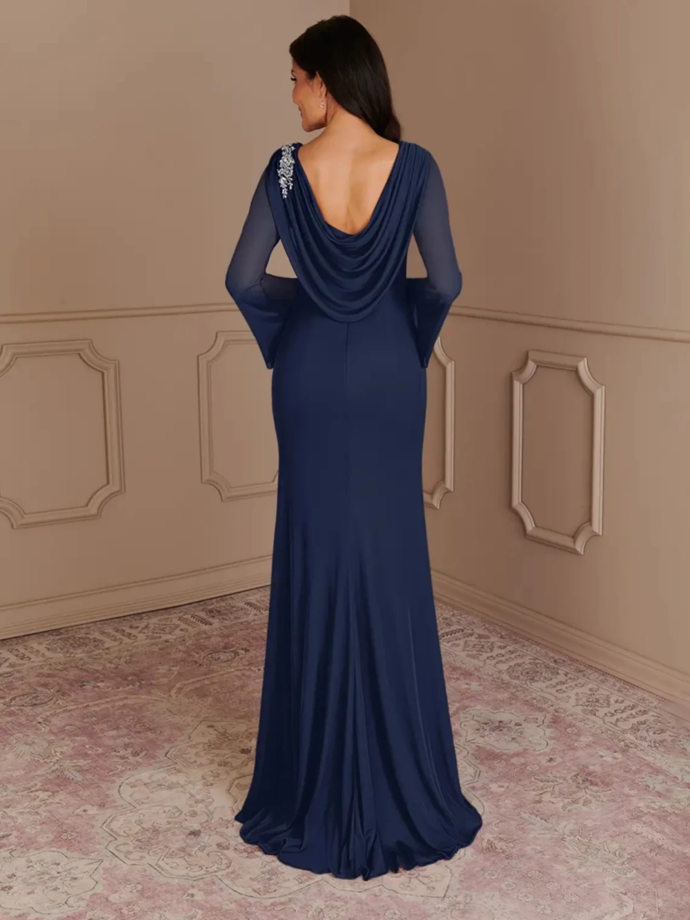 O-neck Long Sleeve Mother Of The Bride Dress For Wedding Sparkly Beads Prom Dress Graceful Chiffon Straight Long Evening Gown