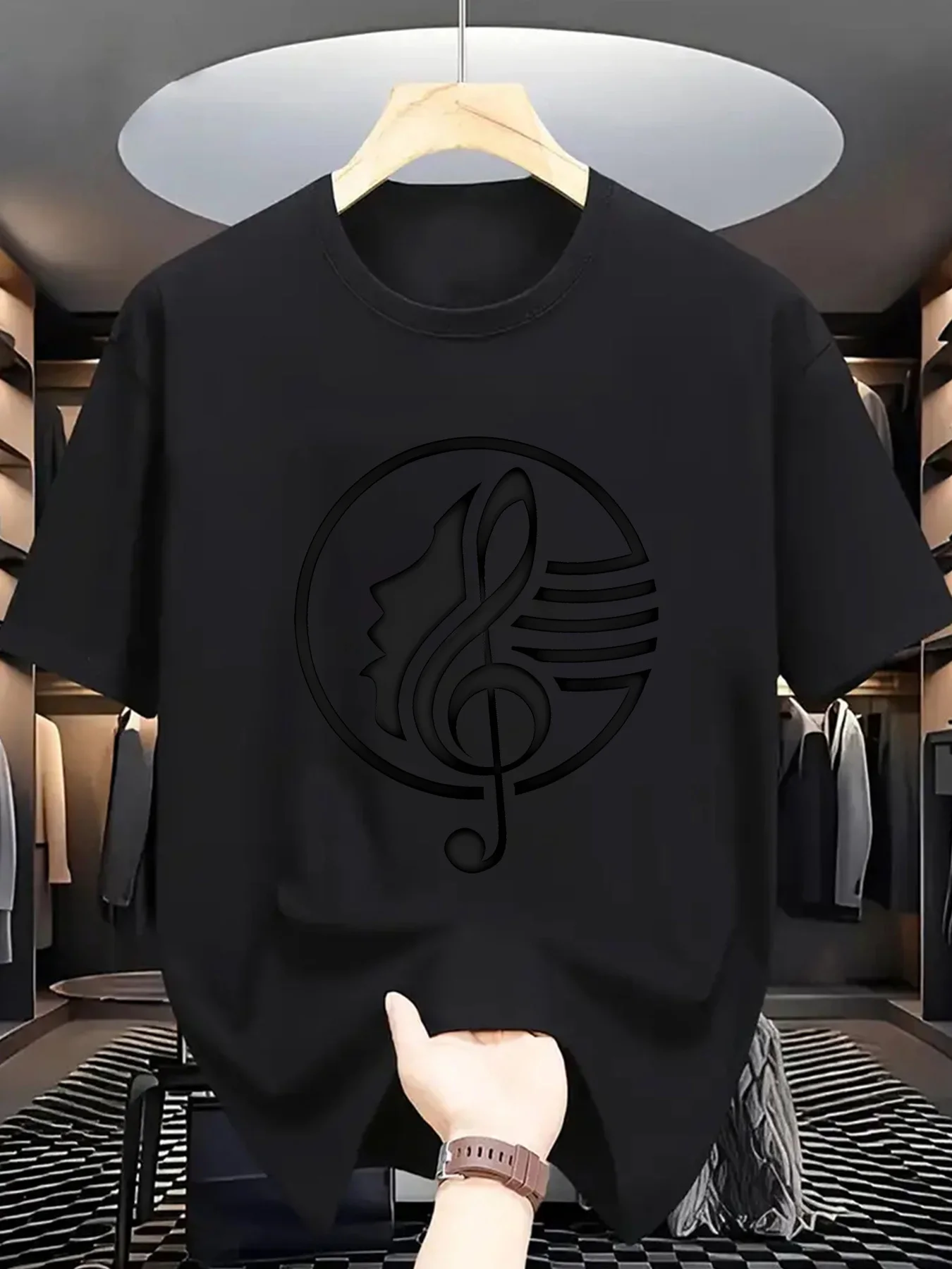 Music Note Singer Print Men Short Sleeve Tshirt Treble Clef Human Profile O Neck Tee Music Lover Style Male Street Fashion Tops