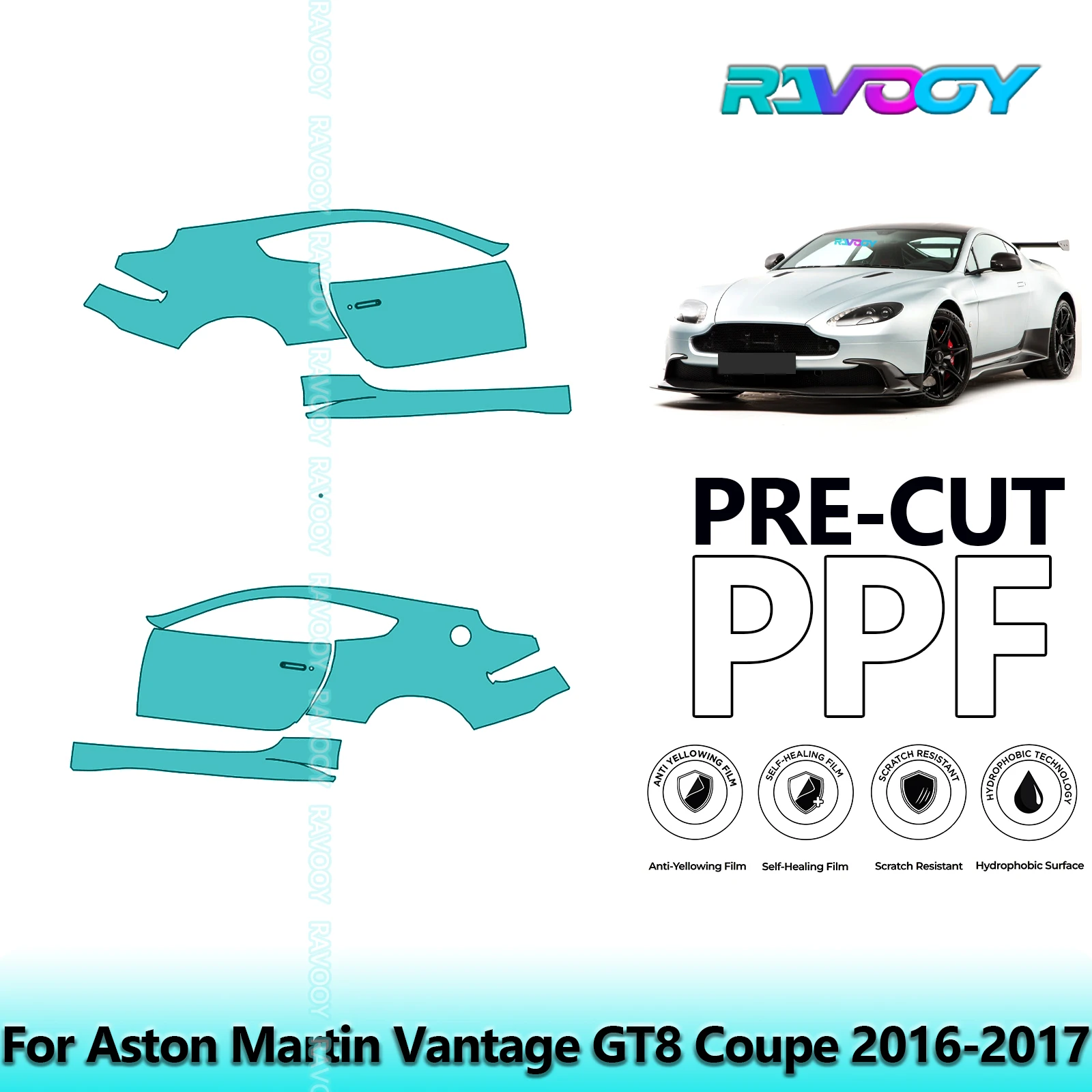 

For Aston Martin Vantage GT8 Coupe 2016-2017 8.5mil Clear Matte Pre-Cut PPF Door & A/B Pillar Kit TPU Paint Protection Film Set