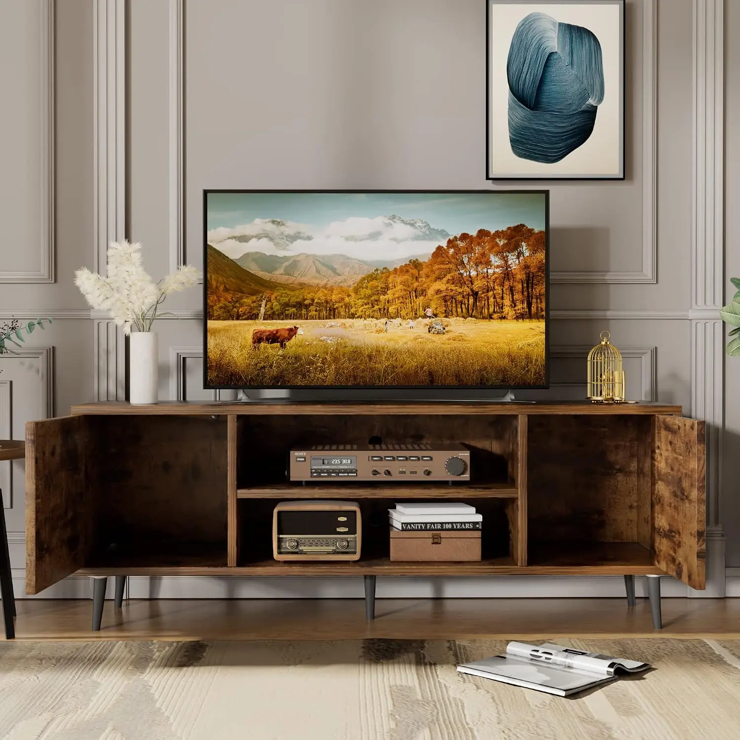 58 Inch Mid-Century Modern TV Stand with Storage, Rustic Brown, Customized