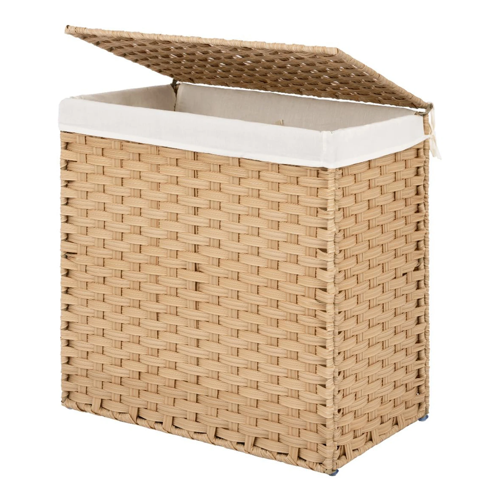 Handwoven Wicker Laundry Hamper with Lid,2 Section Wicker Laundry Basket for Dirty Clothes,with Washable Linen Liner