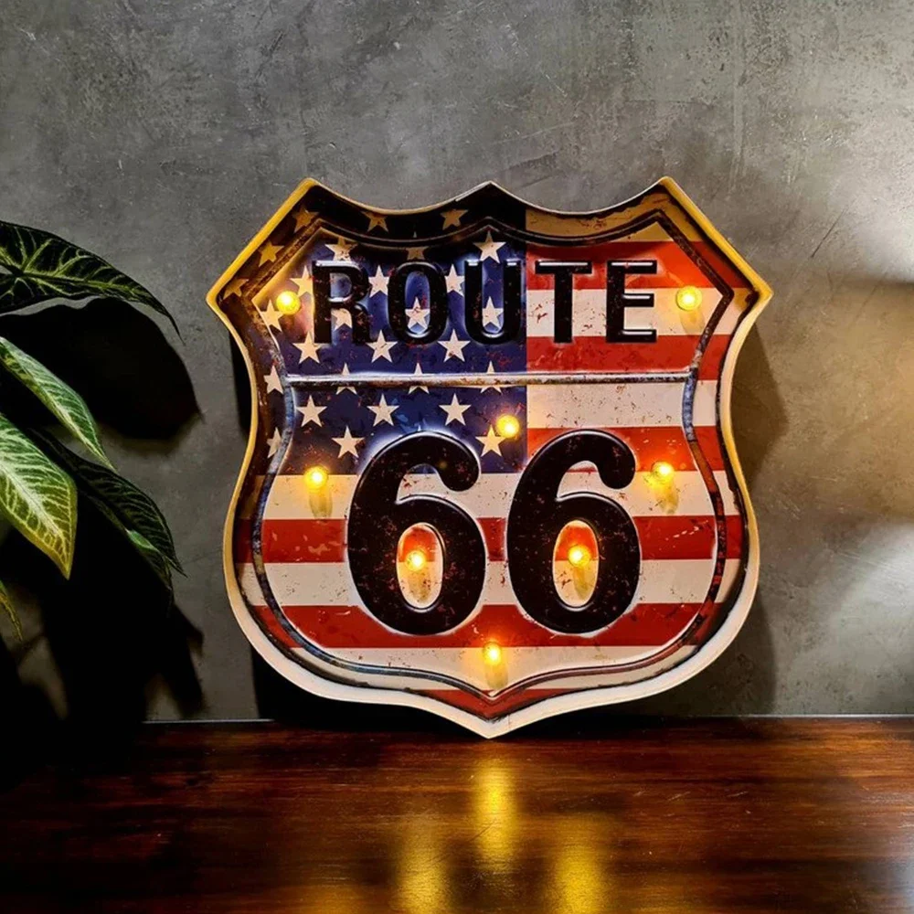 Rustic Home Decor Tin Sign, Vintage Metal Neon Signs,Retro Sign Route 66 with Lights For Man Cave Garage Bar Pub Decoration