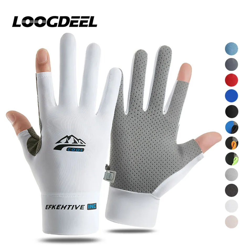 LOOGDEEL-guantes de pesca de seda de hielo para hombre y mujer, protección solar, antideslizantes, transpirables, Anti-UV, dos dedos, para deportes,