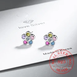 925 Sterling Silver Crystal Colorful Zircon Flower Cute Stud Earrings for Women S925 Wedding Party Jewelry Gift Aretes De Mujer