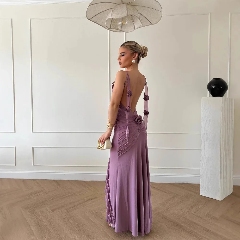 パープルホローアウトリボンイブニングドレス エレガントローカットバックレスラッフルホルタードレス レディースラップヒップ立体花柄ドレス