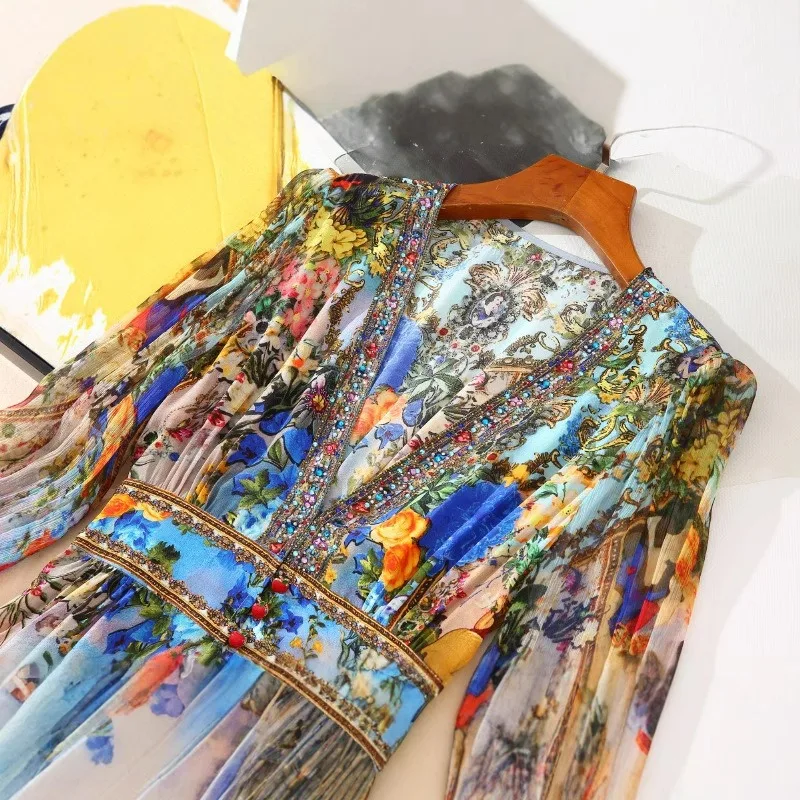 Silk dress, light luxury and high-end, retro temperament fairy flower dress