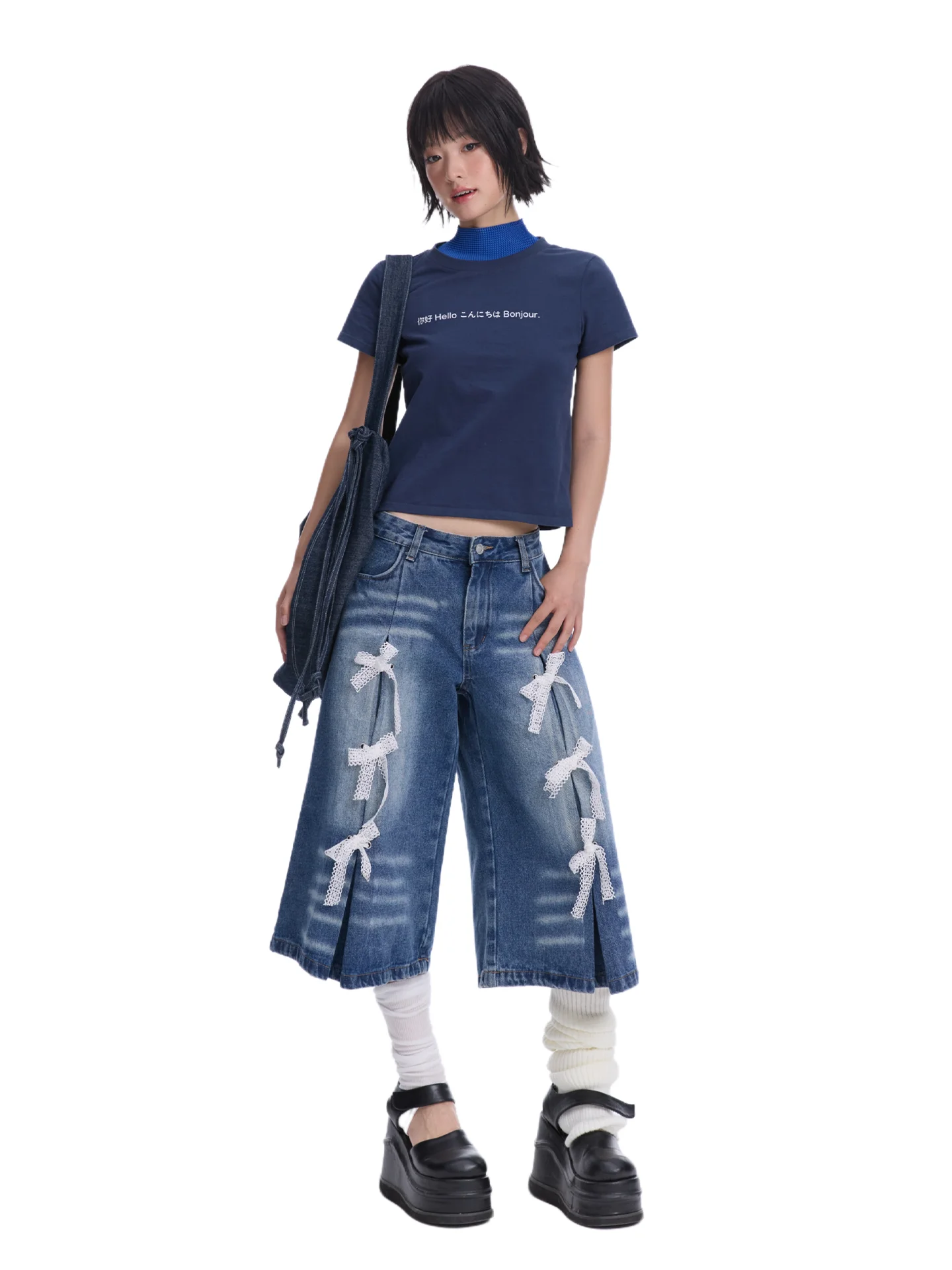Basic Casual round Neck Short Sleeve Deep Blue T-Shirt MOF Girl Versatile Comfortable Cotton Printed Top for Young Women