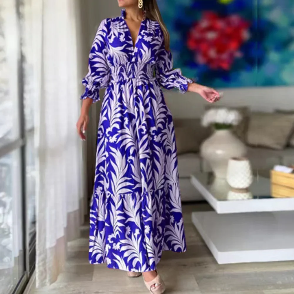 Waist Tight Pullover Bohemian Flower Printed Long Sleeve Autumn Winter New Long Dress Big Hem Dress Long Maxi