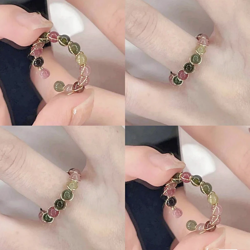 1PCS Rainbow Tourmaline Ring Fashion Retro Handmade Metal Wire Winding Beaded Open Ring Female Jewelry