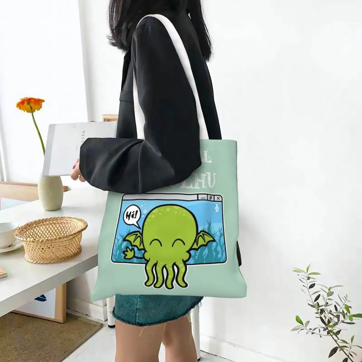 The Call Of Cthulhu Green Octopus Tote Bags Women Handbag Foldable Student Shoulder Bag Reusable Grocery Bag