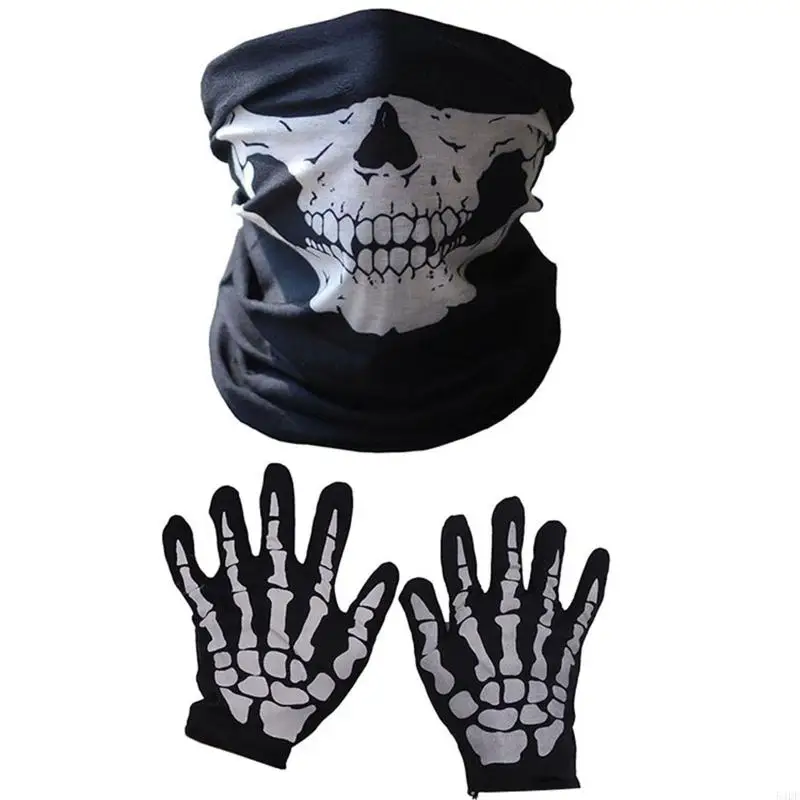 54DF Halloween Skeleton Gloves and Skull Face Mask Set Adults Kids Cosplay Props