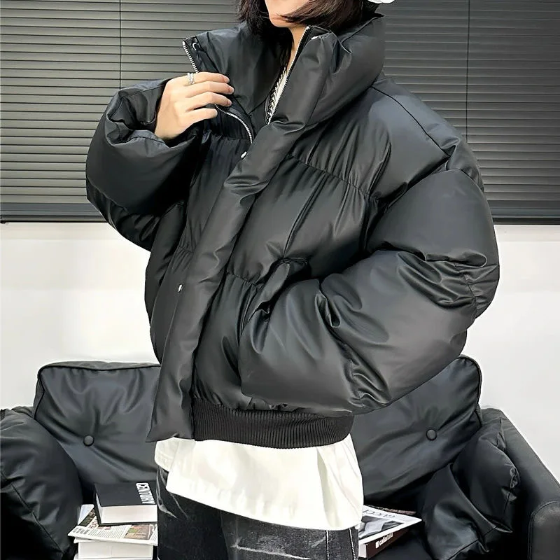 معطف أمريكي عالي الشارع عالي الجودة فضفاض ودافئ، شتوي سميك بياقة واقفة، سترة قصيرة وسيم، ملابس نسائية