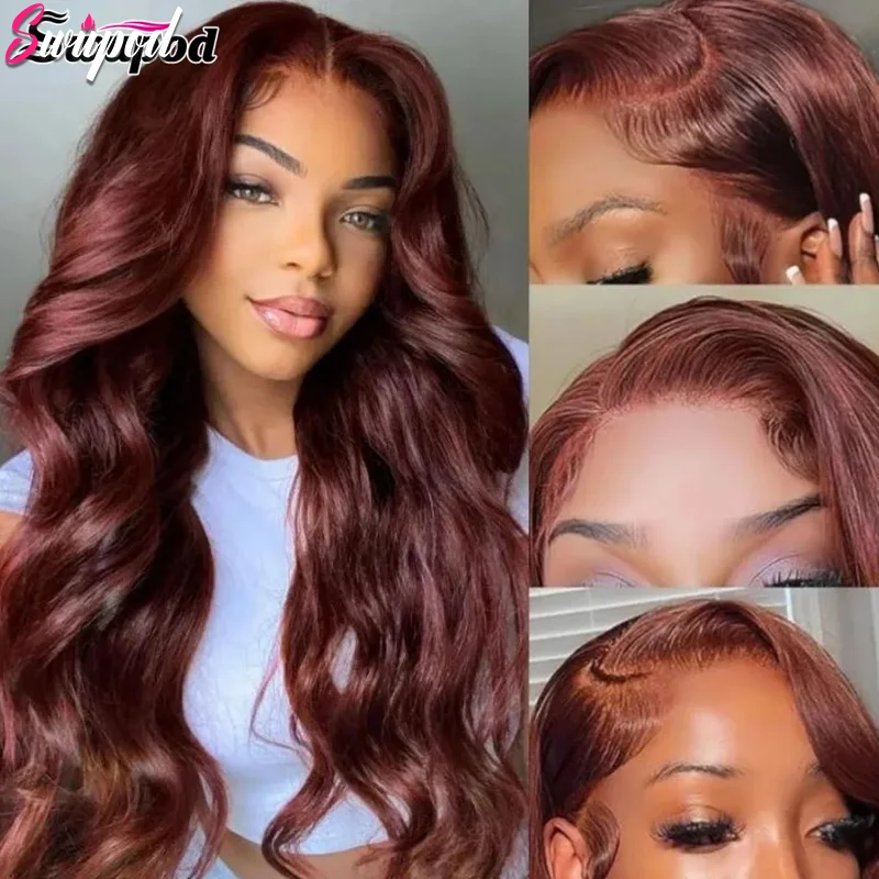 Swupod 13x4 13x6 200 Density Transparent HD Lace Front Wig for Women Body Wave Remy Human Hair 33# Reddish Brown Color Glueless