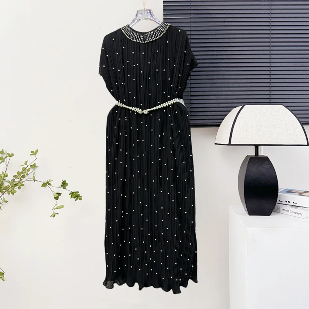 

Sexy Beading mesh Ruched short sleeve Vintage korean fashion Evening A-line dress Beach dresses women clothing
