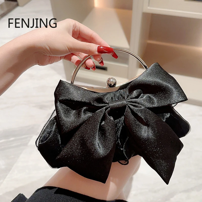 

White Satin Bow Fairy Evening Bags Metal Handle Handbags for Women Wedding Party Bridal Clutches Purse Chain Shoulder Bag Feamle