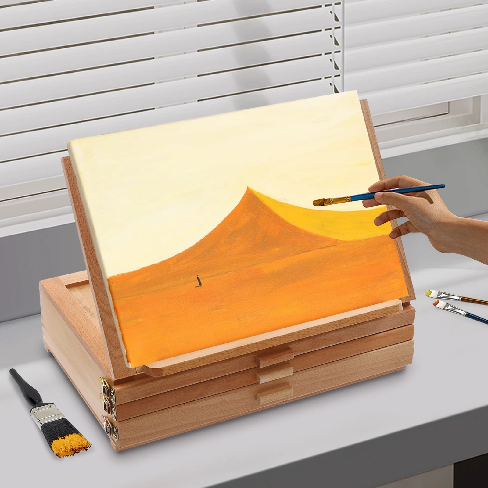 ブナ材ペイントボードスタンド 3つの引き出し付き 調節可能 0-60 °   アングル折りたたみ式ポータブル画材収納用