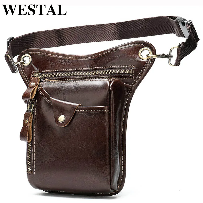 WESTAL-Sac banane en cuir véritable pour homme, sac de jambe de moto, sacs de taille pour homme, sac de cuisse, ceinture d'argent, poudres, 323