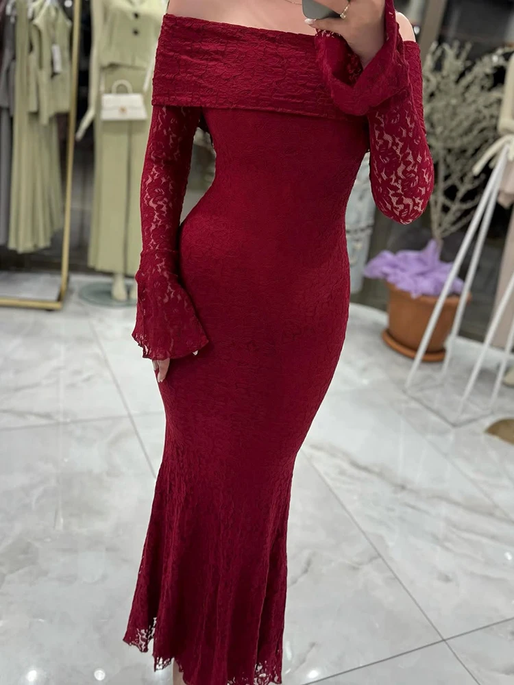 Feminino casual mangas largas sólido vestido de festa elegante fora do ombro vestidos de manga longa moda altura cintura bordado vestido longo