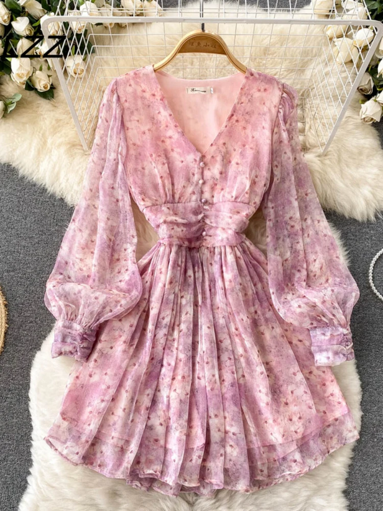 New Women Floral Chiffon Dress Spring Summer Puff Sleeve Sexy V-neck Beach Dresses Ladies French Elegant Short Dress Vestidos