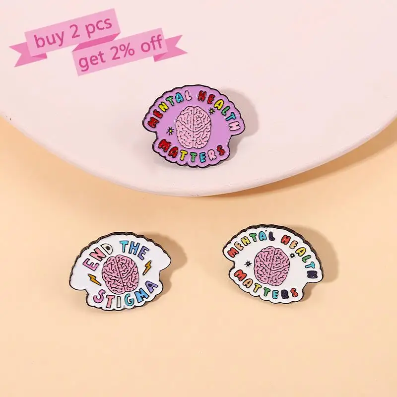 Mental Health Enamel Pins Custom Brain Brooches Lapel Badges Quotes End the Stigma Jewelry Gift for Kids Friends