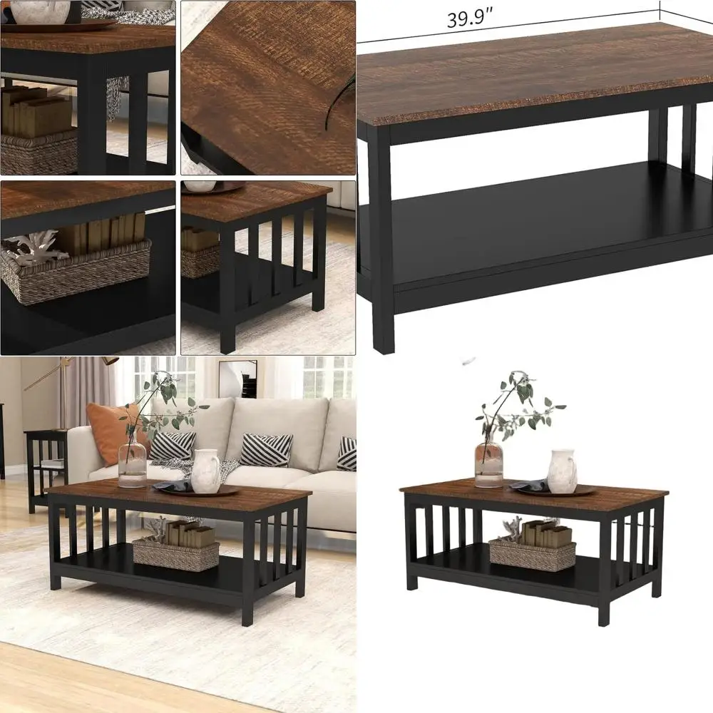 

Black 40 Farmhouse Style Coffee Table with Shelf for Living Room