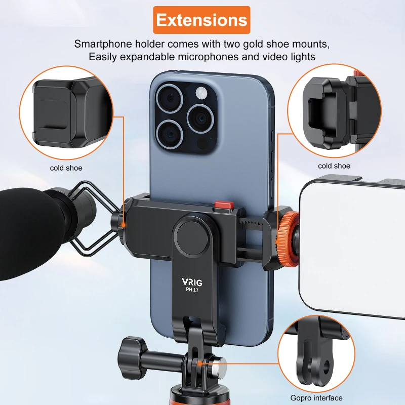 VRIG PH17 Multi-functional Phone Tripod Mount Phone Holder Phone Clamp 360° Rotatable with Dual Cold Shoe Mounts Accessories