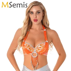 Women Belly Dance Costume Underwire Bra Top Glitter Rhinestone Beaded Tassel Brassiere Bralet Crop Top Rave Party Dancewear