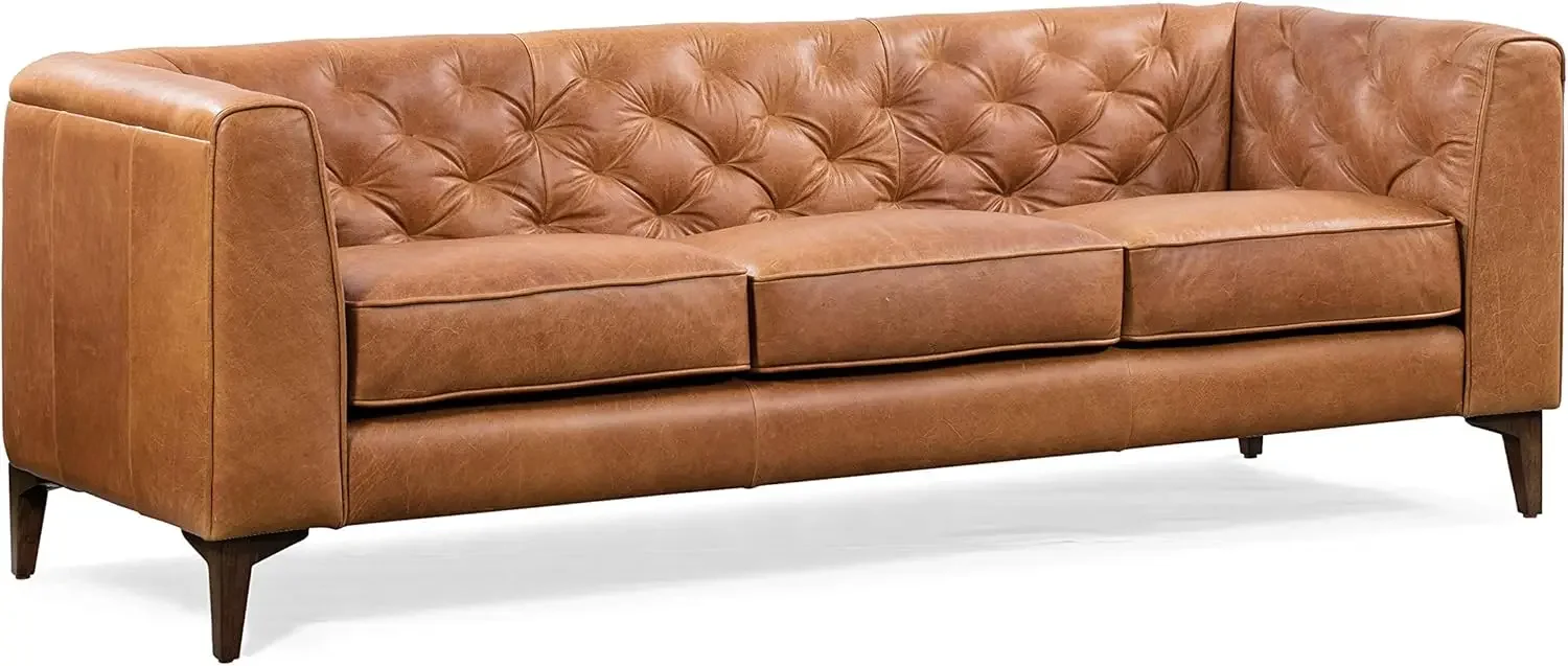 Essex Leather Couch – 89-Inch Sofa with Tufted Back - Full Grain Leather Couch with Feather-Down Topper On Seating Surfaces