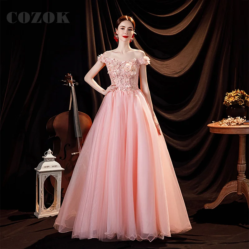 

Pink Flowers Appliques Tulle Evening Dress Boat Neck Off the Shoulder Floor-Length Formal Prom Ball Gown Robes De Soirée SX26