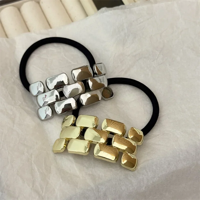 Metal Square Patchwork Hollow Gold Color Ponytail Holder Arch Pony Cuff Trendy Minimalistic Texture Daily Jewelry Accessories