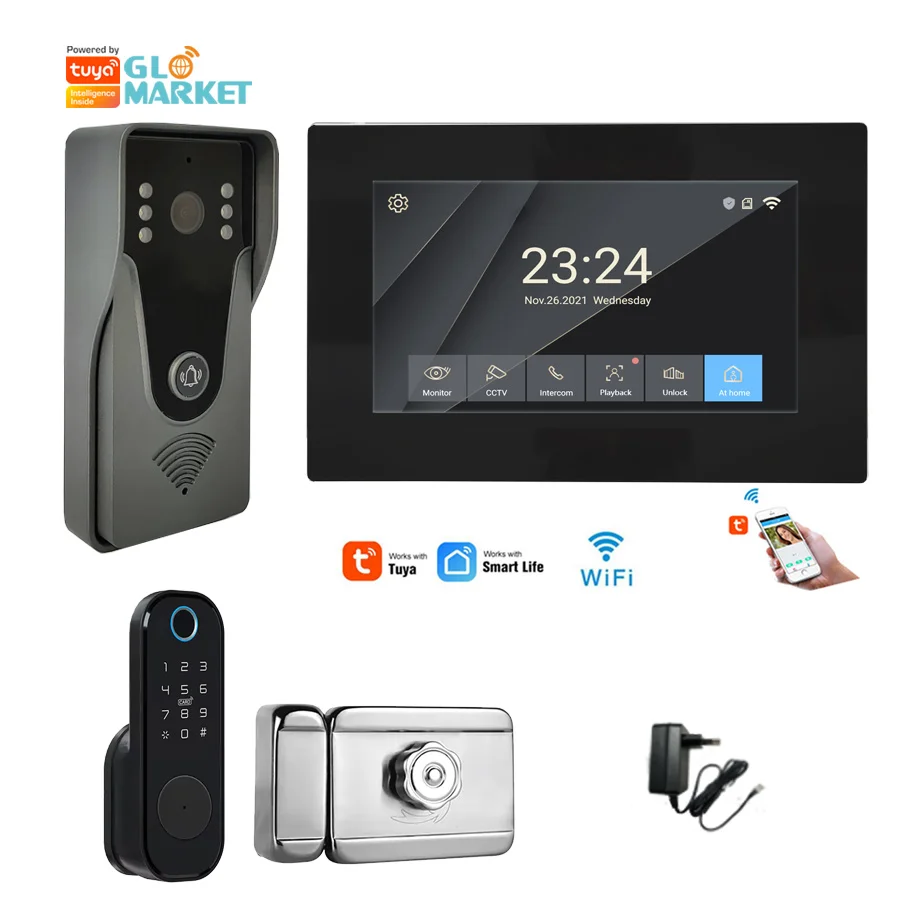 

Glomarket Tuya 7-дюймовый водонепроницаемый видеодомофон с электрическим замком, система контроля доступа, камера дверного звонка, видеодомофон