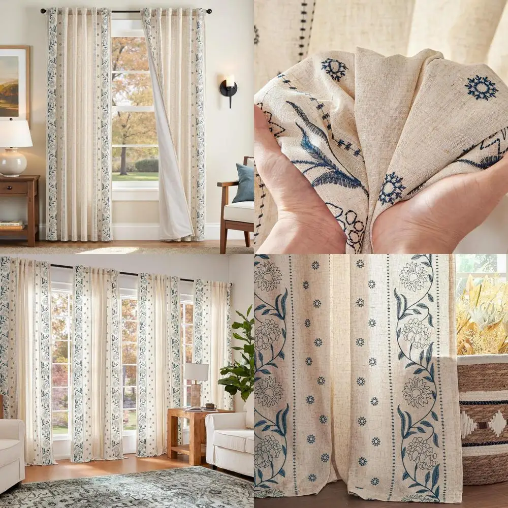 

Linen Blended Embroidered Floral Curtains with Border, 84 Inches, Suitable for Bedroom and Living Room in Farmhouse Style