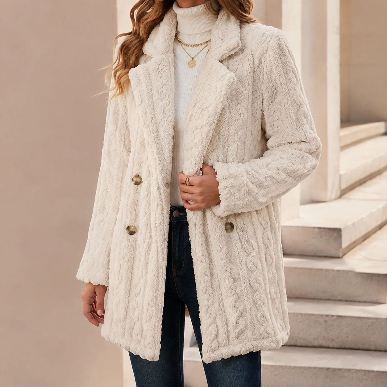 Thick Casual Coat Straight Cut Commuter with Long Sleeve No Wrinkle Treatment Notched Lapel Geometric Pattern Women Coat
